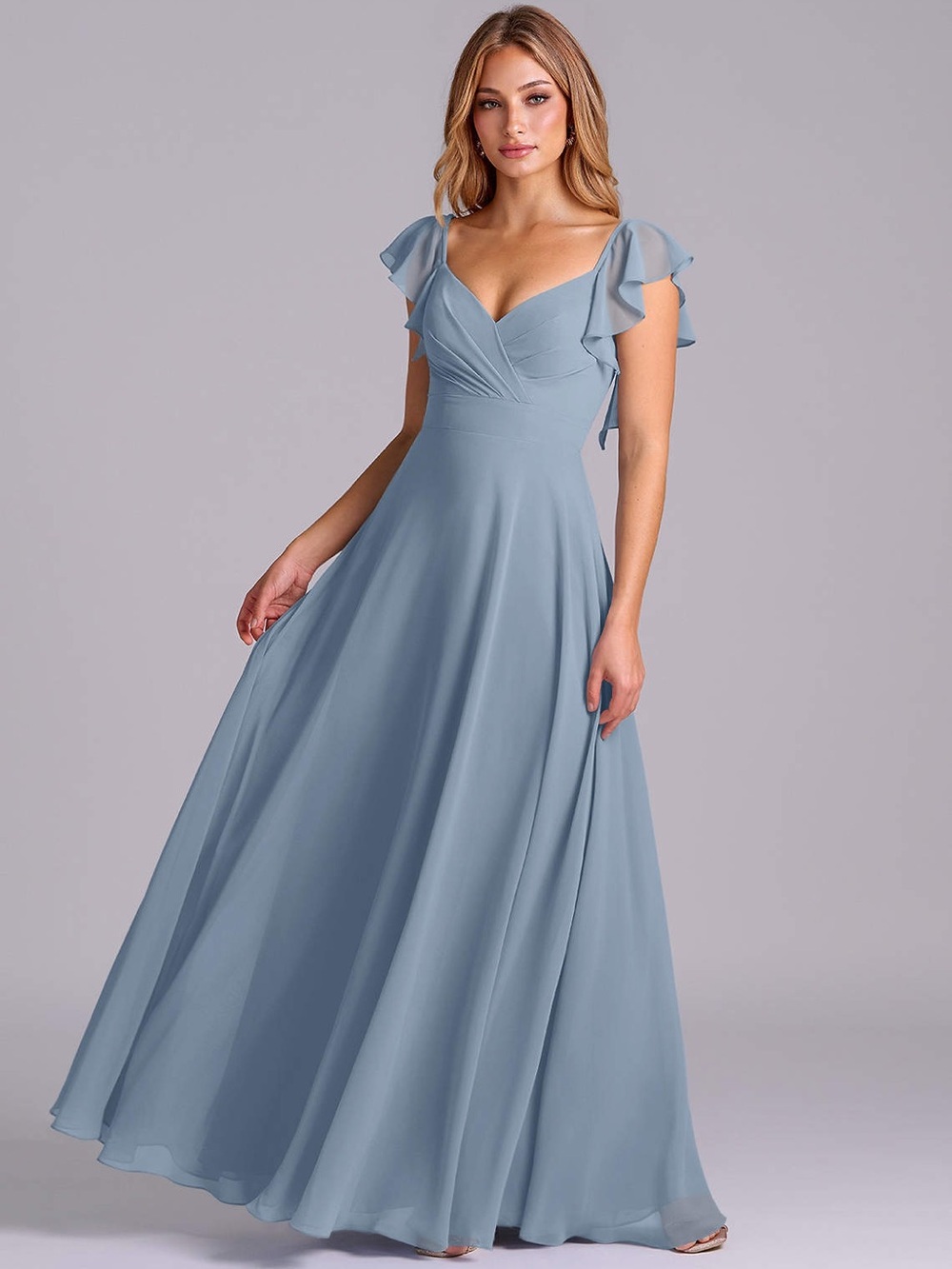 Azazie Dusty Blue Chiffon Flutter Sleeve Bridesmaid Dress Size A8